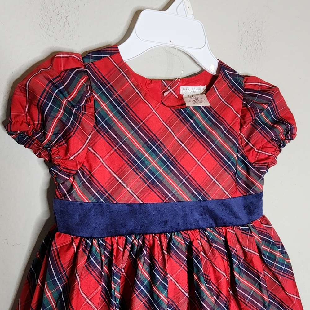 Max Studio Kids Red Christmas Plaid Sateen Dress Velvet Bow Size 6 New - Picture 14 of 14